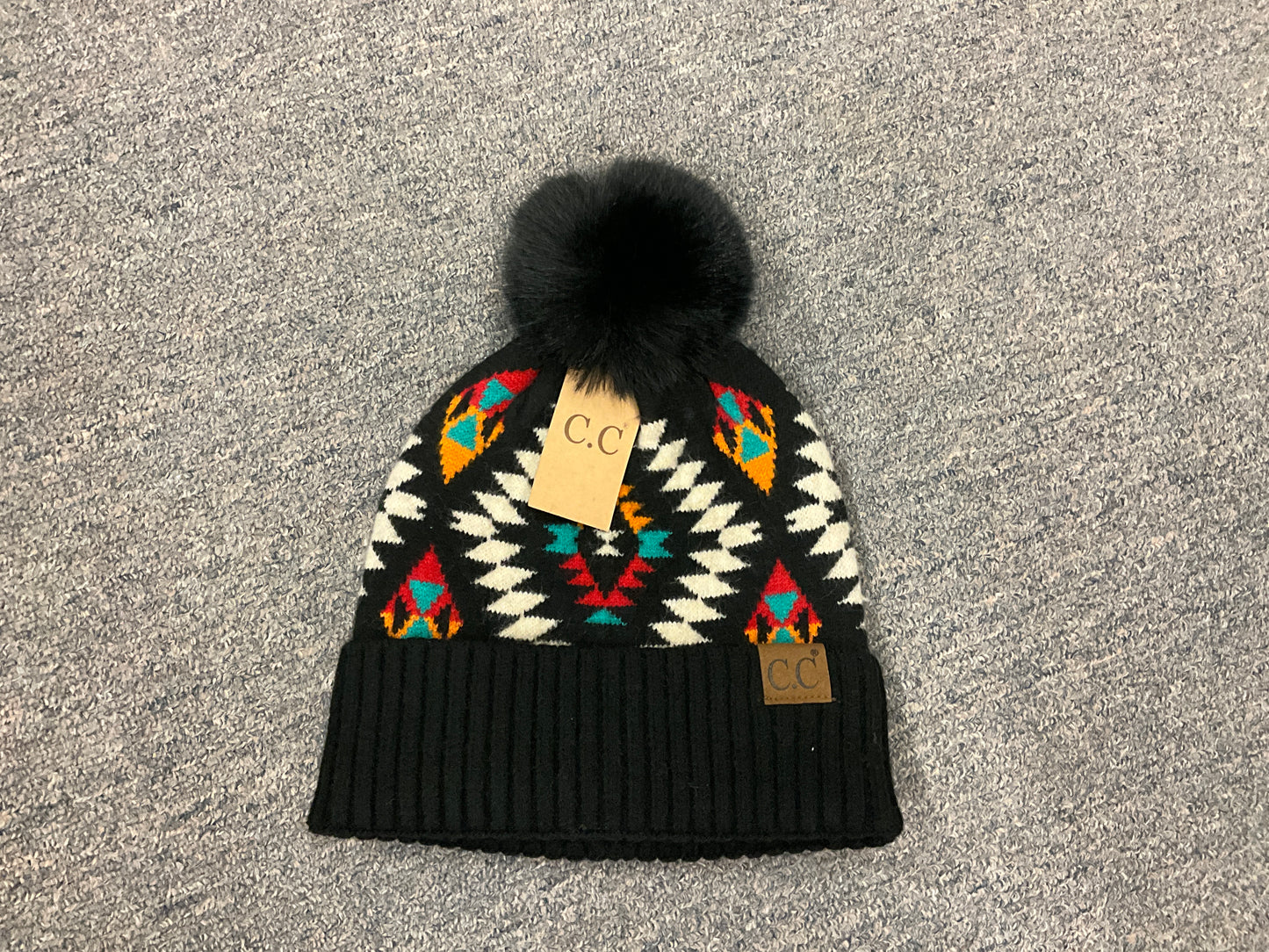 CC BEANIE- BEANIE ,AZTEC/FAUX FUR POM- HAT-3001