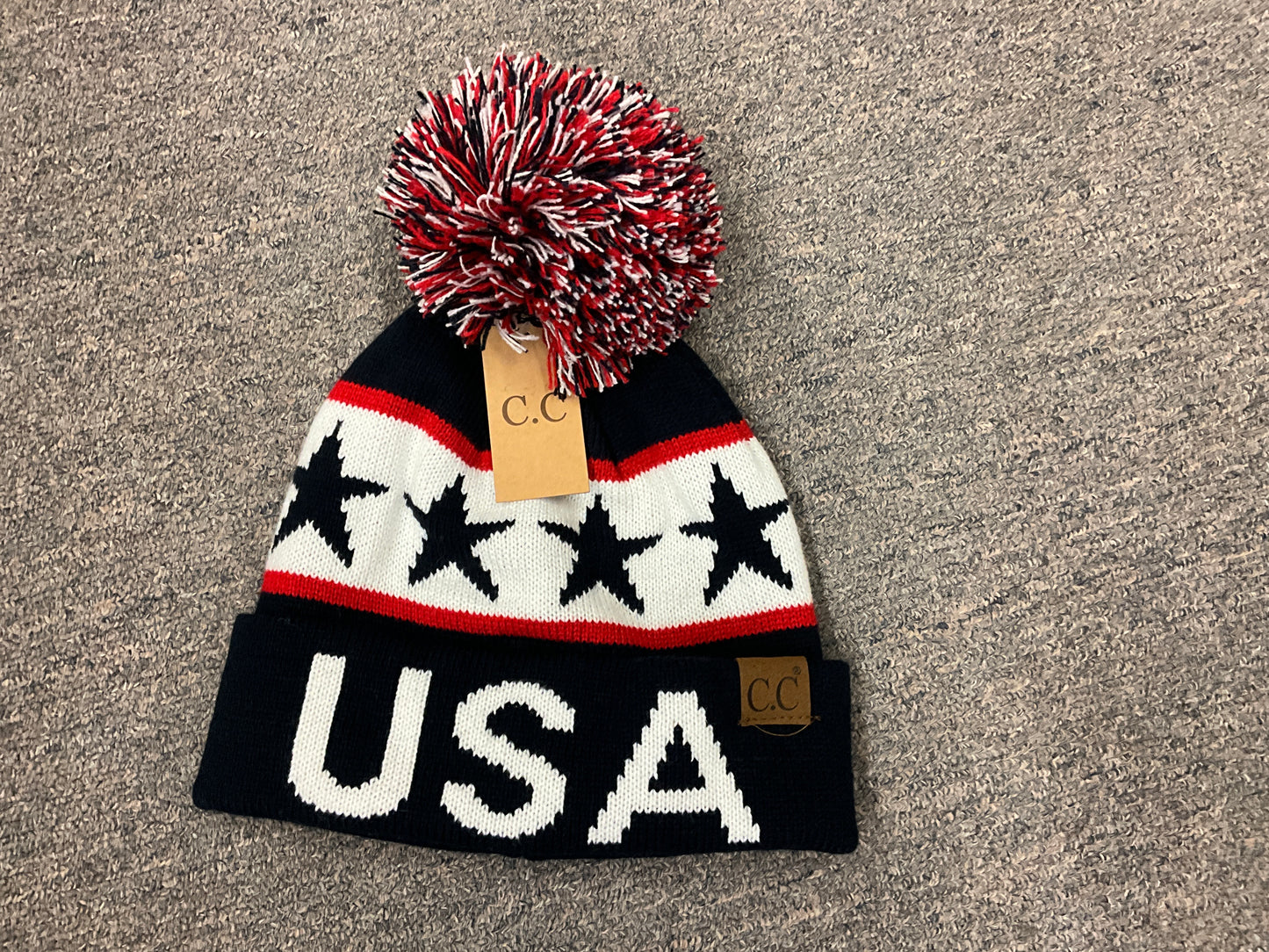 CC BEANIE- KNIT W/POM-“USA”/STARS-HAT-3902