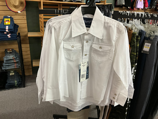 WRANGLER BOYS CLASSIC FIT WHITE PEARL SNAP LONG SLEEVE DRESS SHIRT