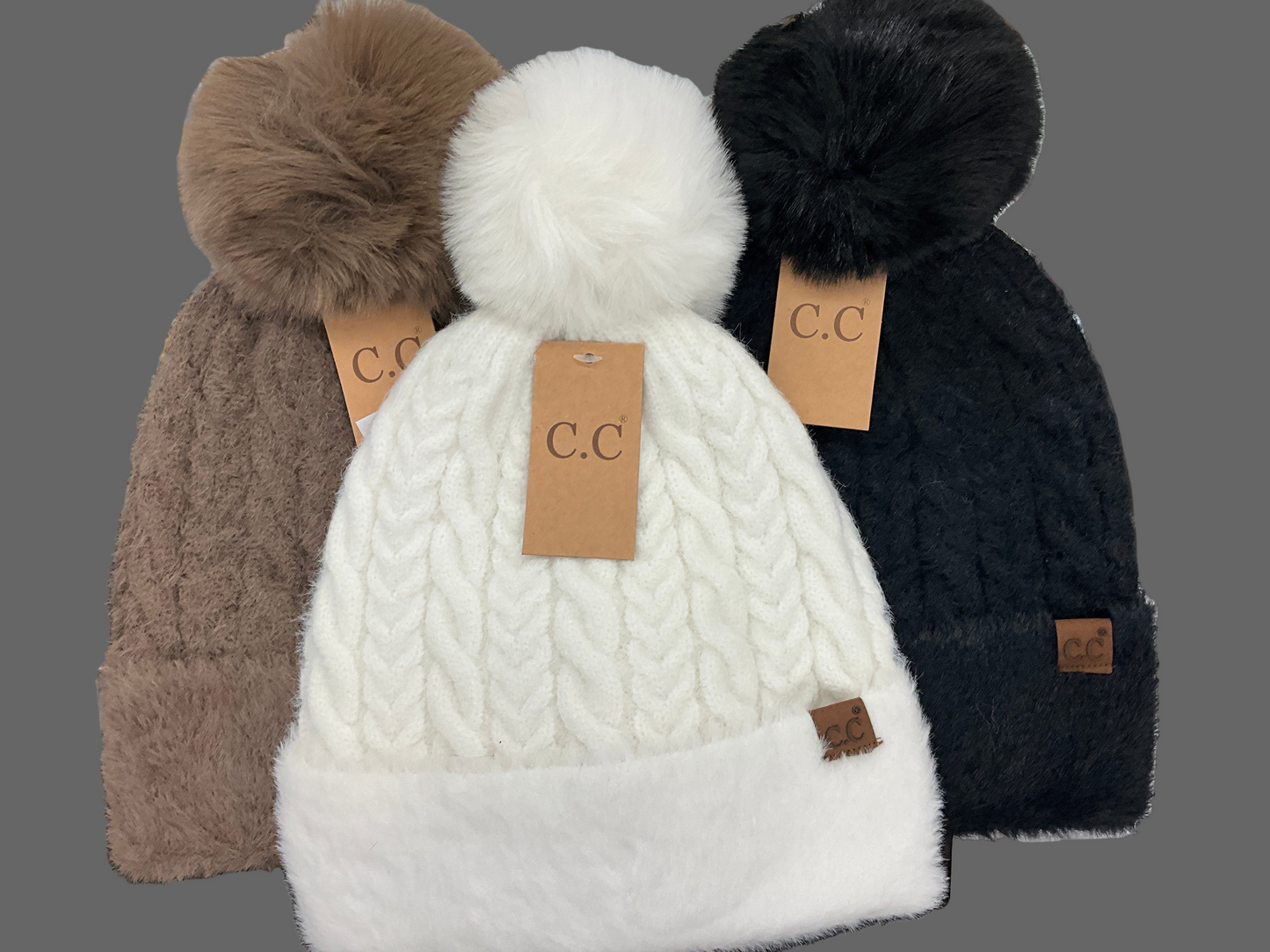 CC CABLE KNIT FUR CUFF POM POM BEANIE