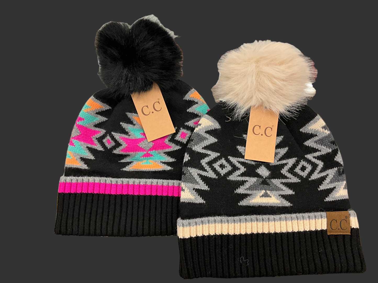 CC SOUTHWESTERN FAUX FUR POM POM BEANIE