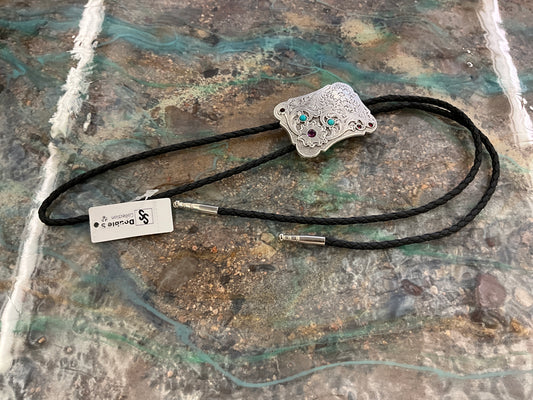 DOUBLE S BOLO-RECTANGLE, SILVER WITH STONES - 22402