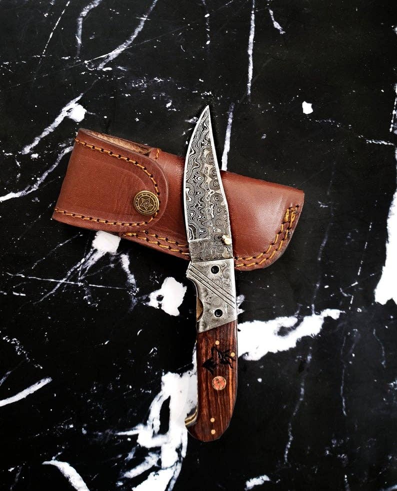 Titan classico- Raindrop Damascus folding blade/ EDC/ Buck engraved TF-001X