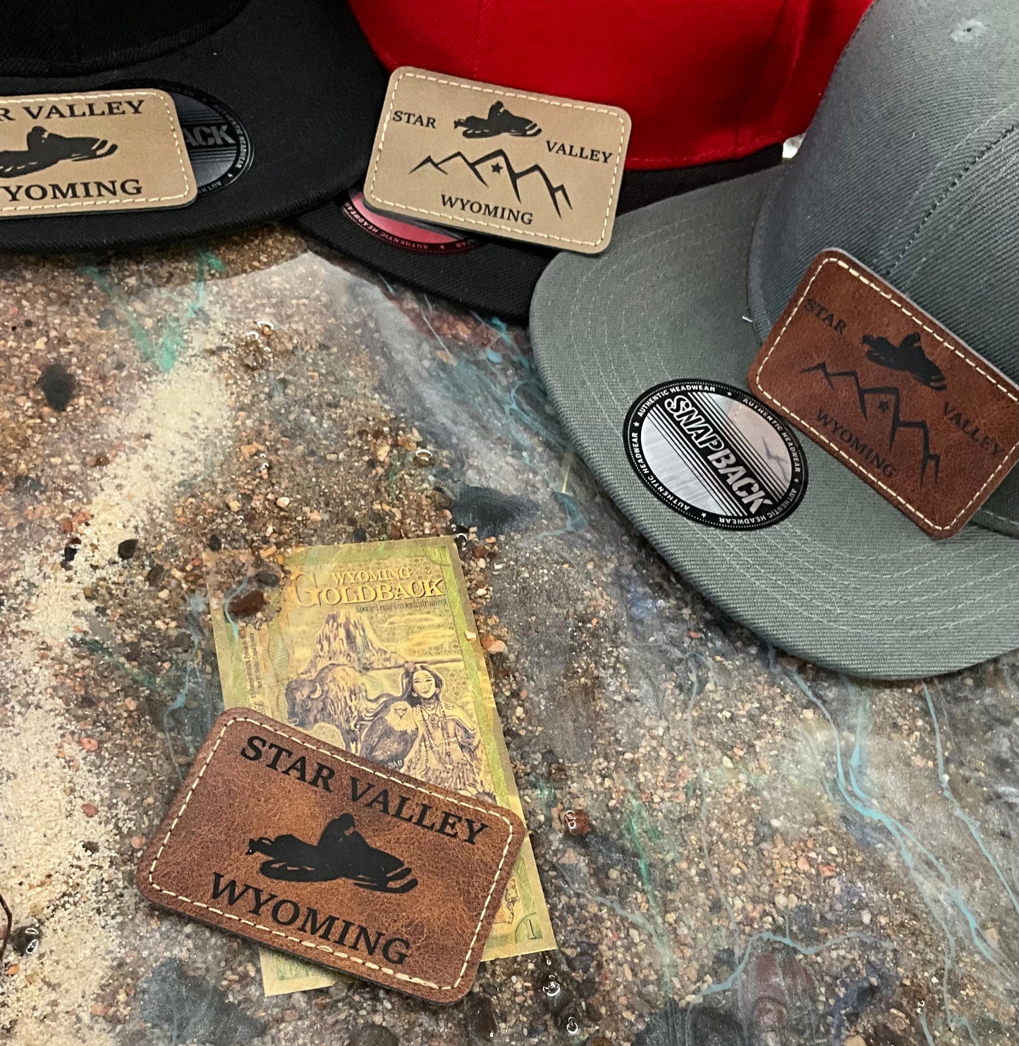 Pick a Hat Pick a Patch-Custom Leather Patch Flat Bill Solid Snap Back Trucker Hat_Snow Mobile_Sledder_Star Valley_Wyoming