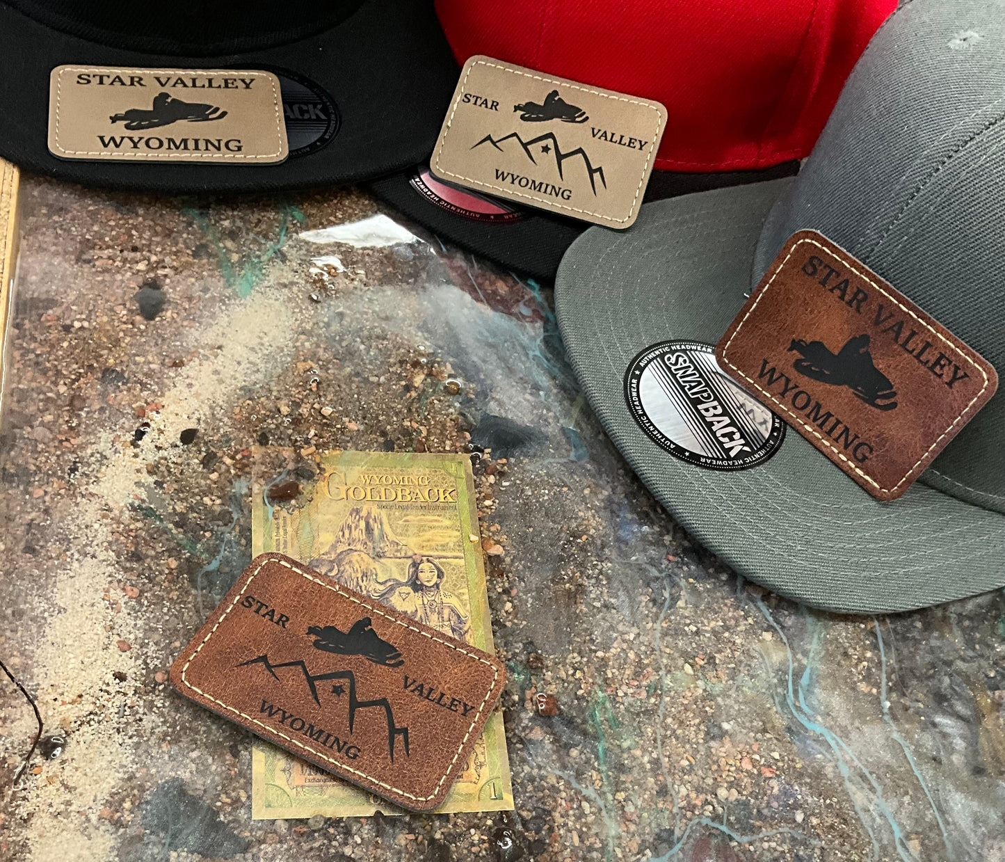 Pick a Hat Pick a Patch-Custom Leather Patch Flat Bill Solid Snap Back Trucker Hat_Snow Mobile_Sledder_Star Valley_Wyoming