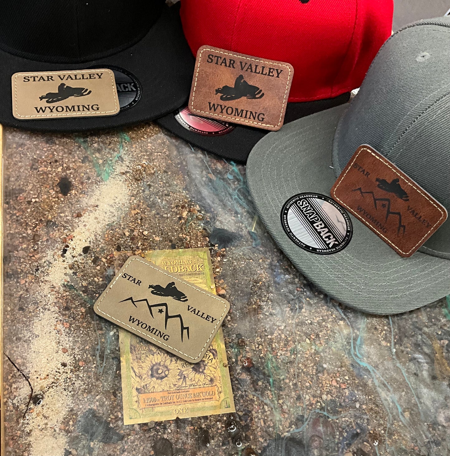 Pick a Hat Pick a Patch-Custom Leather Patch Flat Bill Solid Snap Back Trucker Hat_Snow Mobile_Sledder_Star Valley_Wyoming