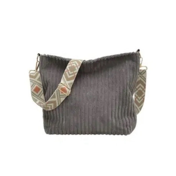 Corduroy Tote Bag With Guitar Shoulder Strap-55600