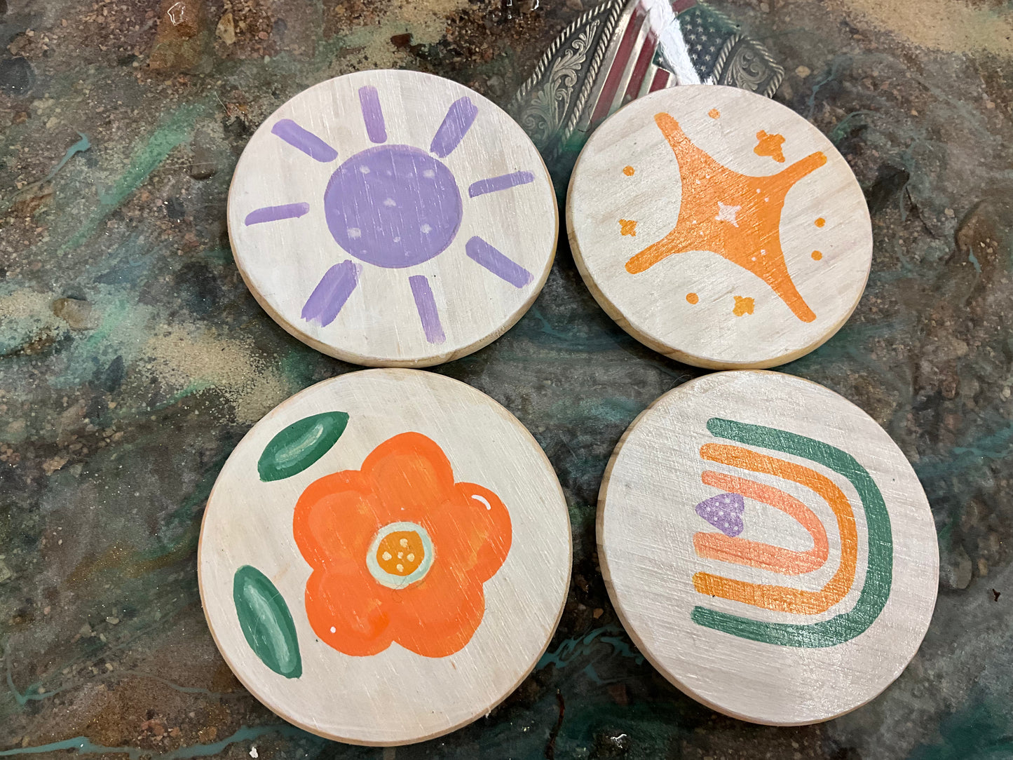KB 4-Peice Hand painted Wood Coaster Set