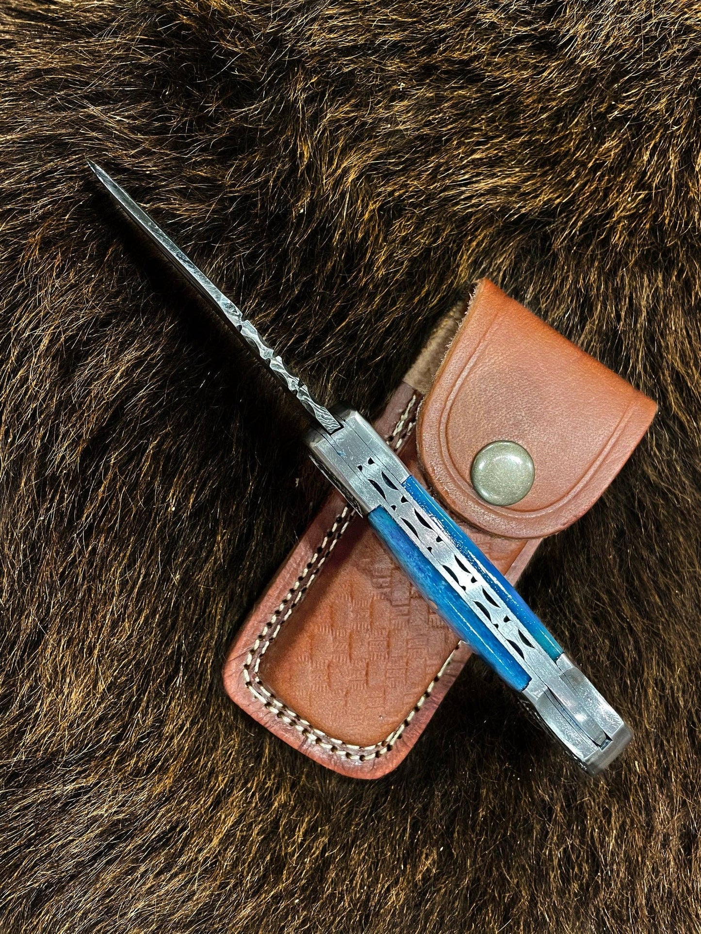 Pocket Knife Dyed Blue Bone 6.5'' Damascus Steel Knife Steel-TF-010B