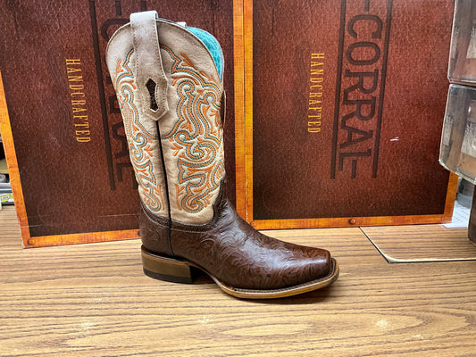 CORRAL BOOTS BROWN/WHITE EMBROIDERED SQ TOE Z5126