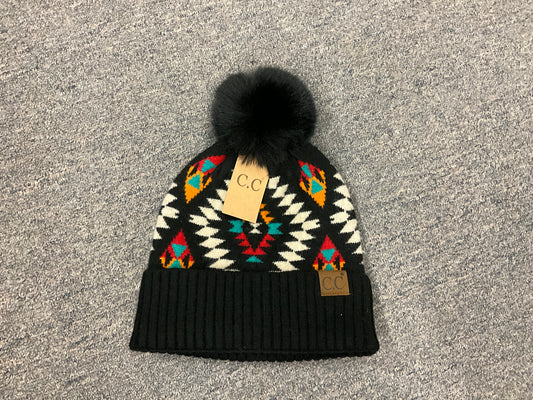 CC BEANIE- BEANIE ,AZTEC/FAUX FUR POM- HAT-3001