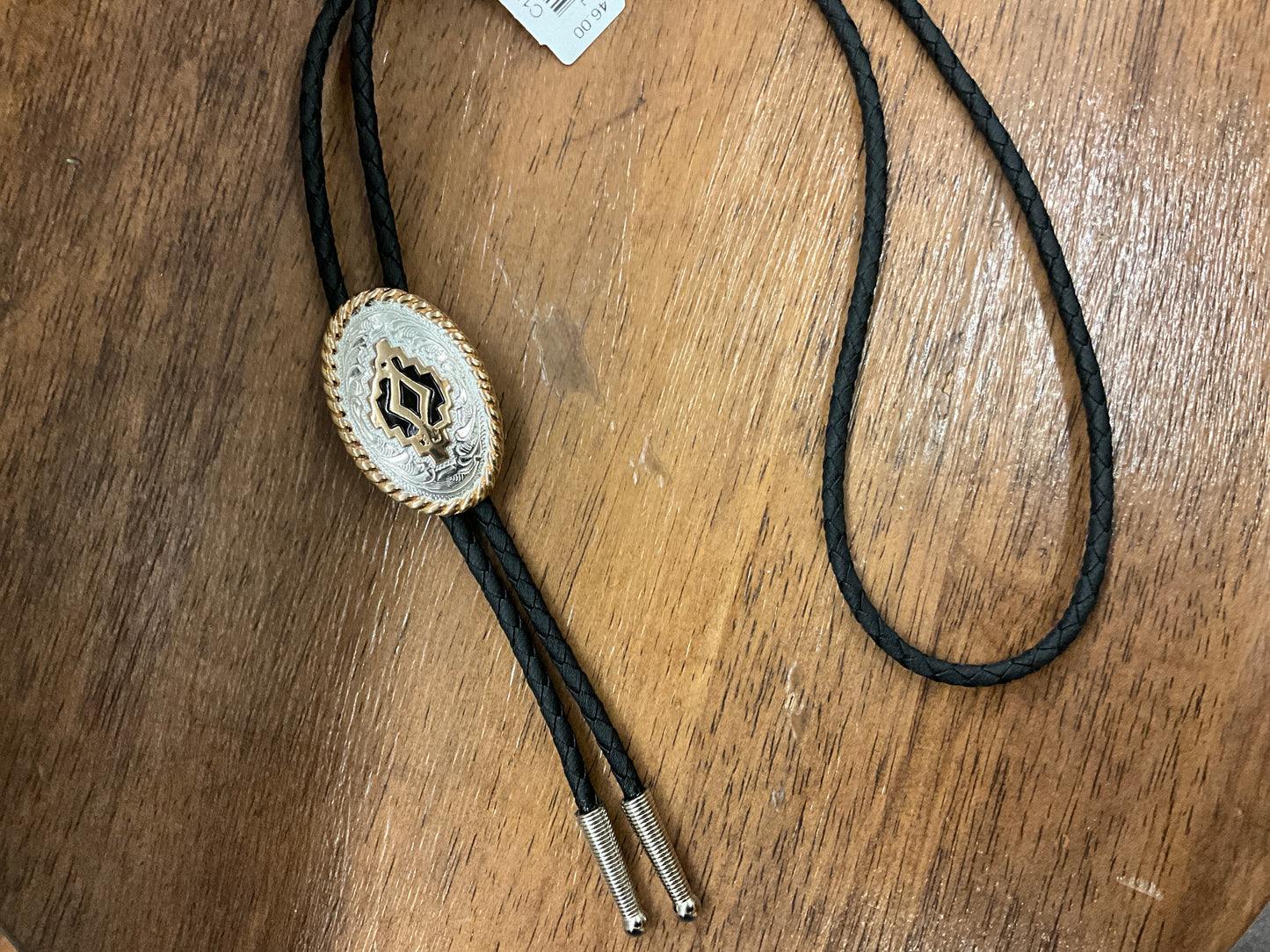 DOUBLE SS- BOLO TIE - Silver & Gold Embossed With Black Centerpiece - C10851