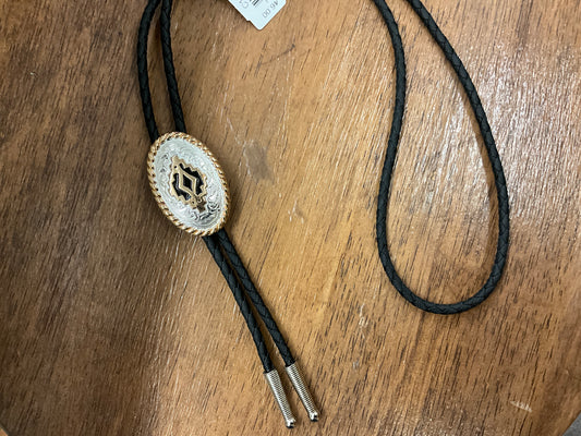 DOUBLE SS- BOLO TIE - Silver & Gold Embossed With Black Centerpiece - C10851