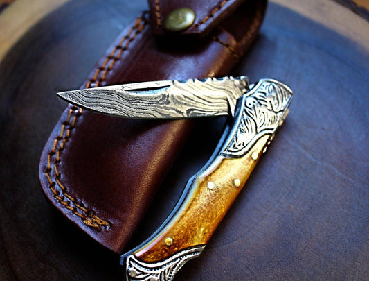 Damascus Steel handmade Pocket Knife with burnt bone handles-TF-030