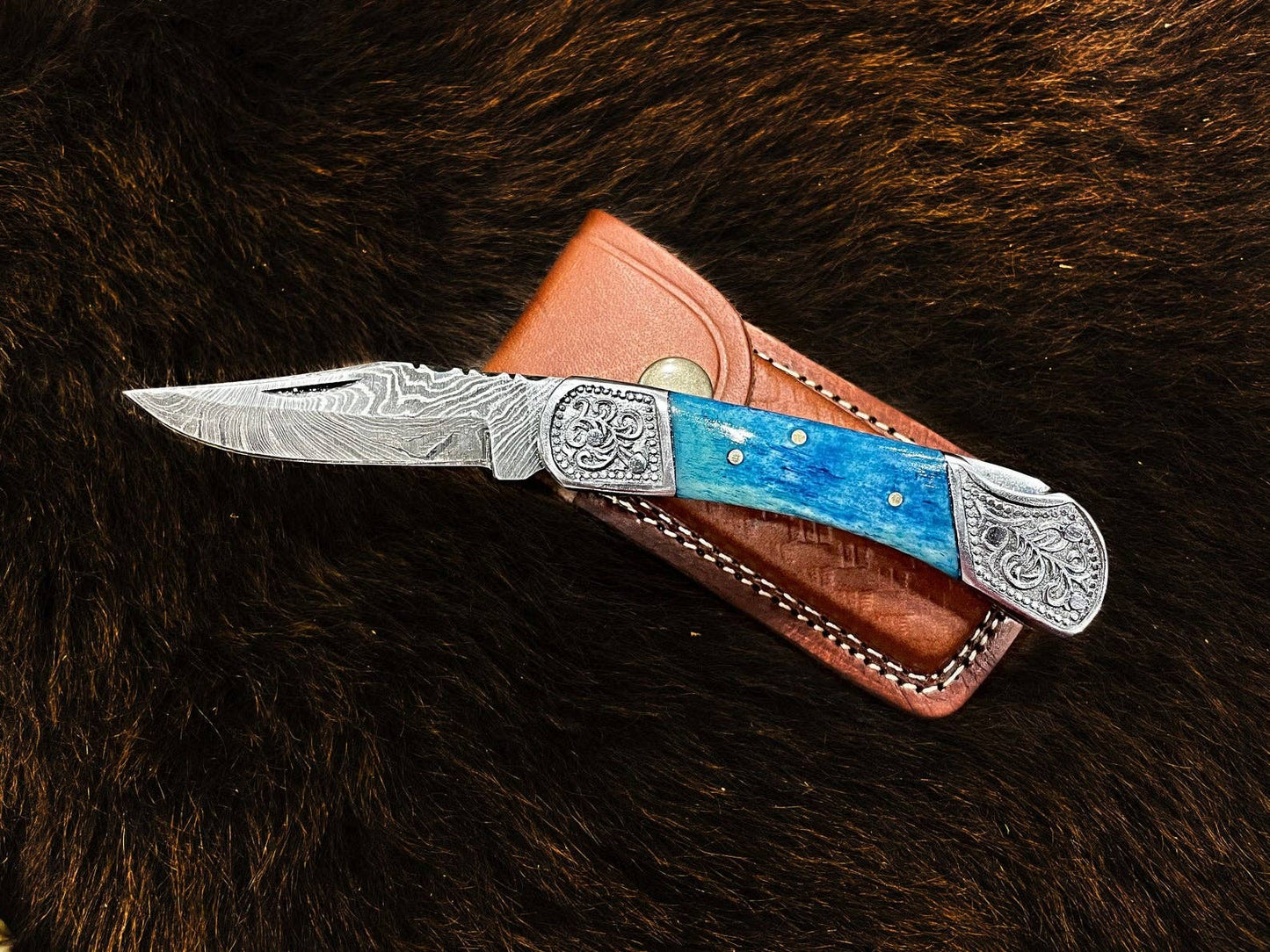 Pocket Knife Dyed Blue Bone 6.5'' Damascus Steel Knife Steel-TF-010B