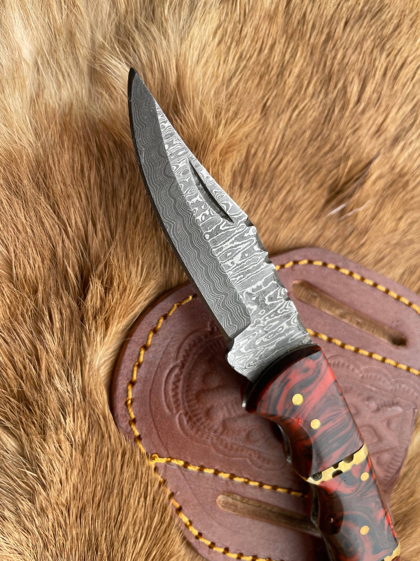 POCKET KNIFE RED RESIN WOOD 6.5'' DAMASCUS STEEL KNIFE STEEL-BP-18