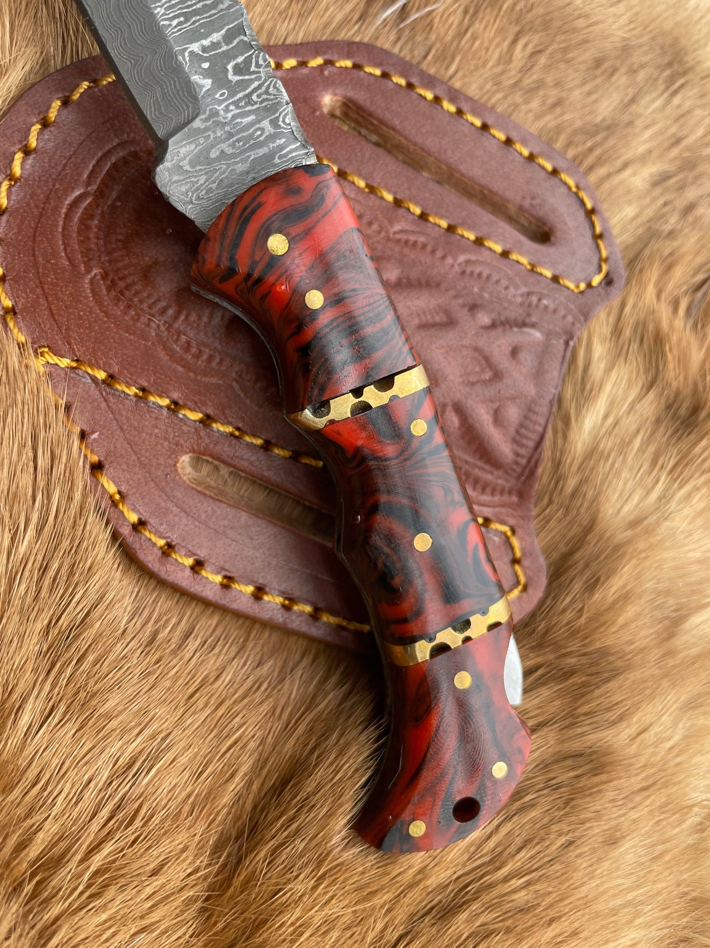 POCKET KNIFE RED RESIN WOOD 6.5'' DAMASCUS STEEL KNIFE STEEL-BP-18