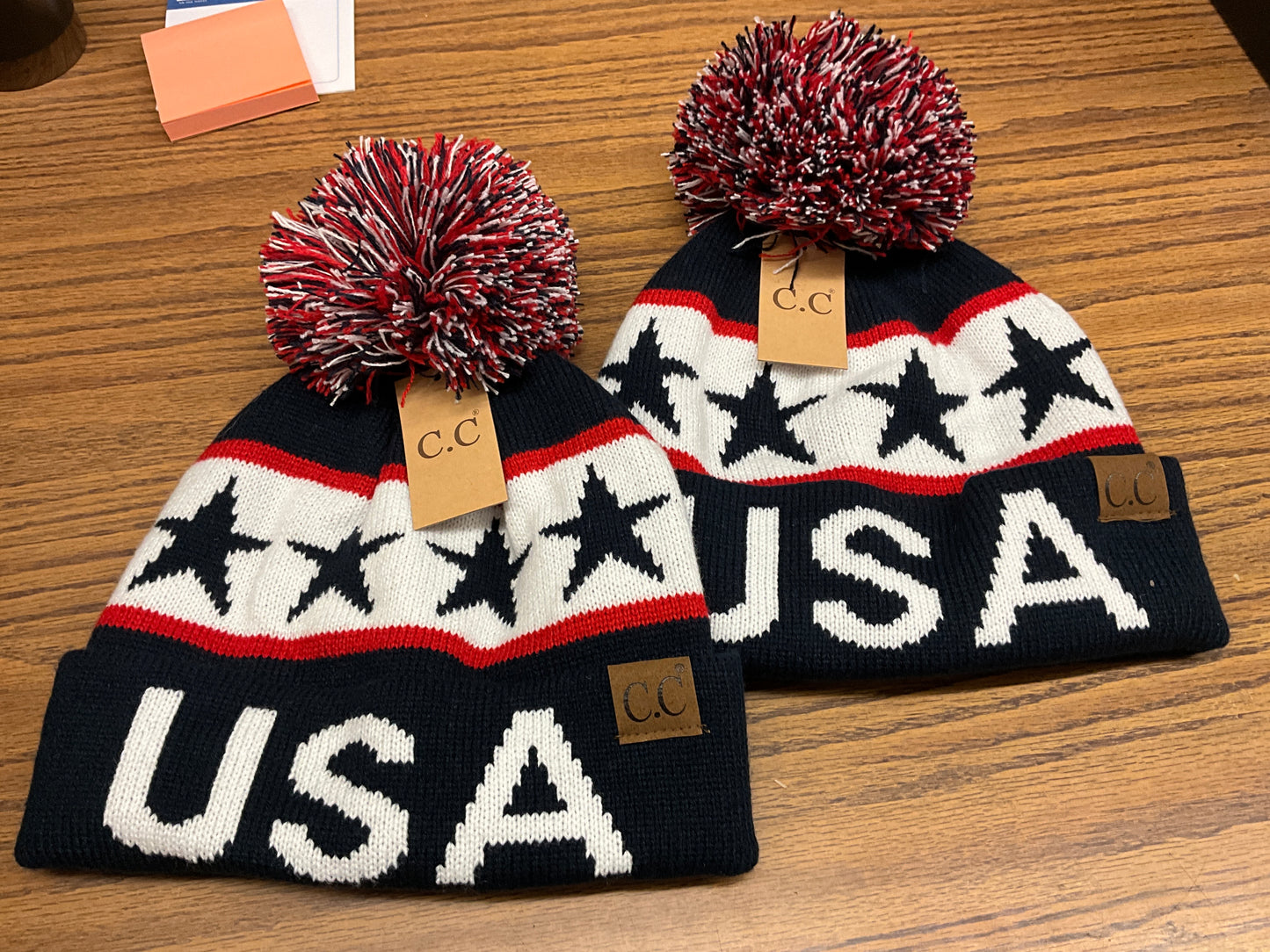 CC BEANIE- KNIT W/POM-“USA”/STARS-HAT-3902/3903