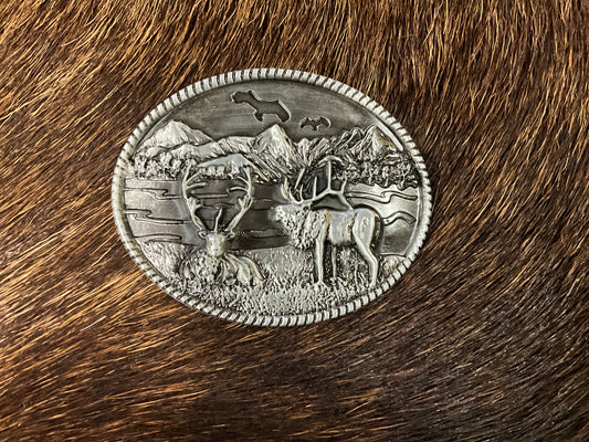 FAIRE- BELT BUCKLE- ELK, MOUNTAINS, AND BIRDS