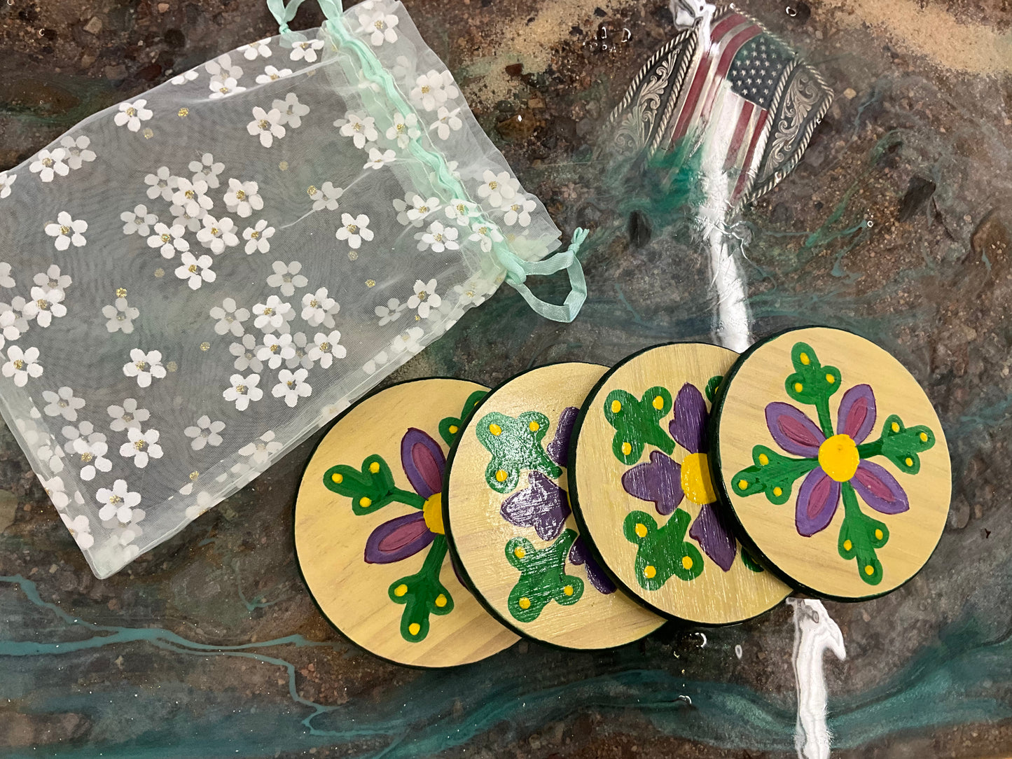KB 4-Peice Hand painted Wood Coaster Set