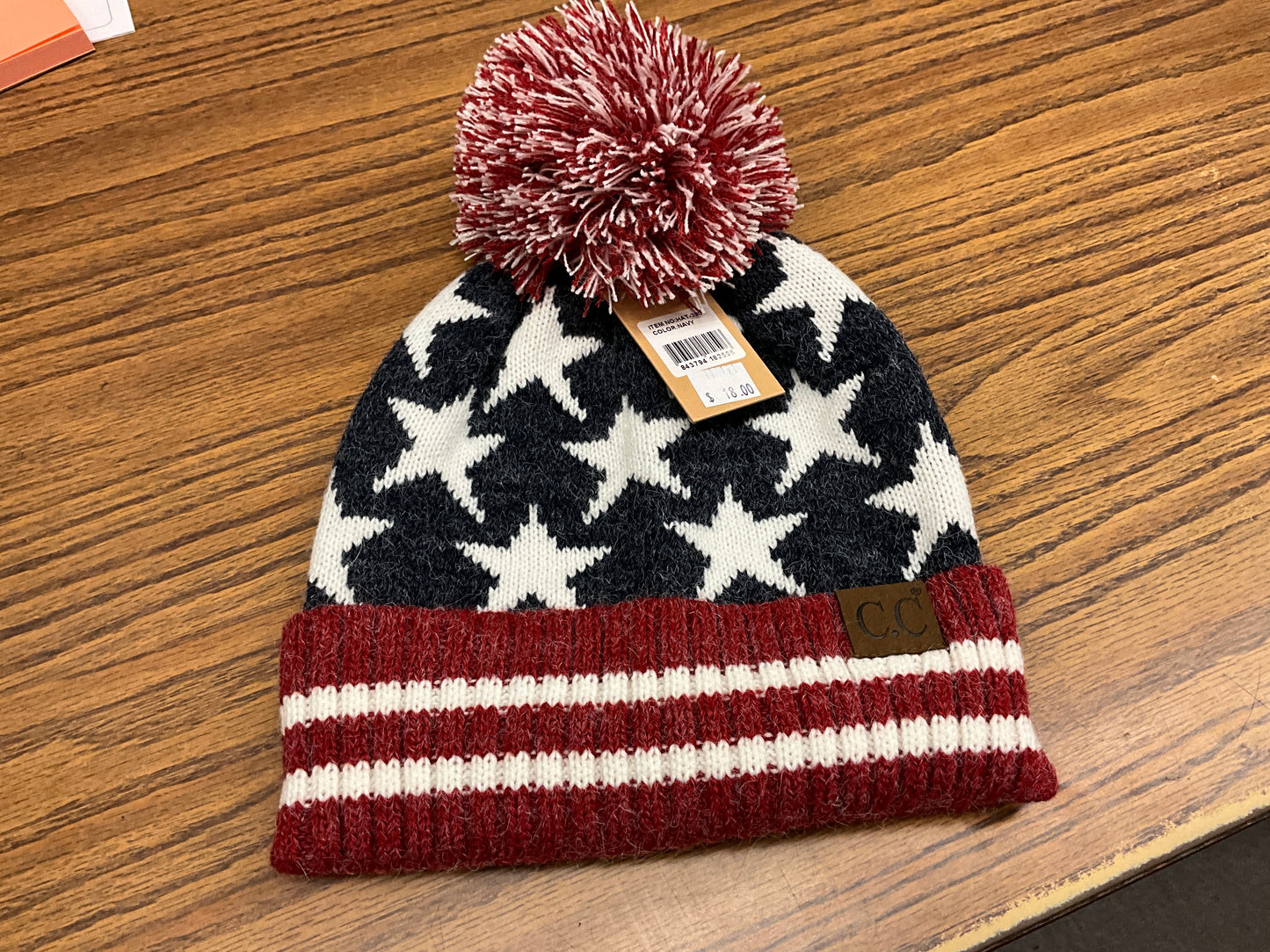 CC BEANIE- KNIT W/POM-“USA”/STARS-HAT-3902/3903