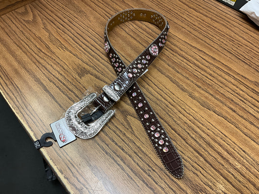 NOCONA BELT-BROWN W/PINK JEWEL HEARTS-N4425202