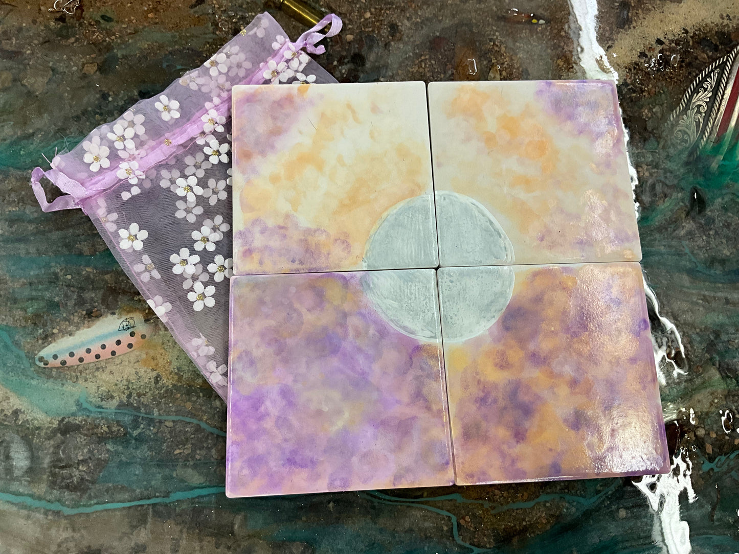 KB 4-Peice Hand painted Ceramic Coaster Set - Square KB-003