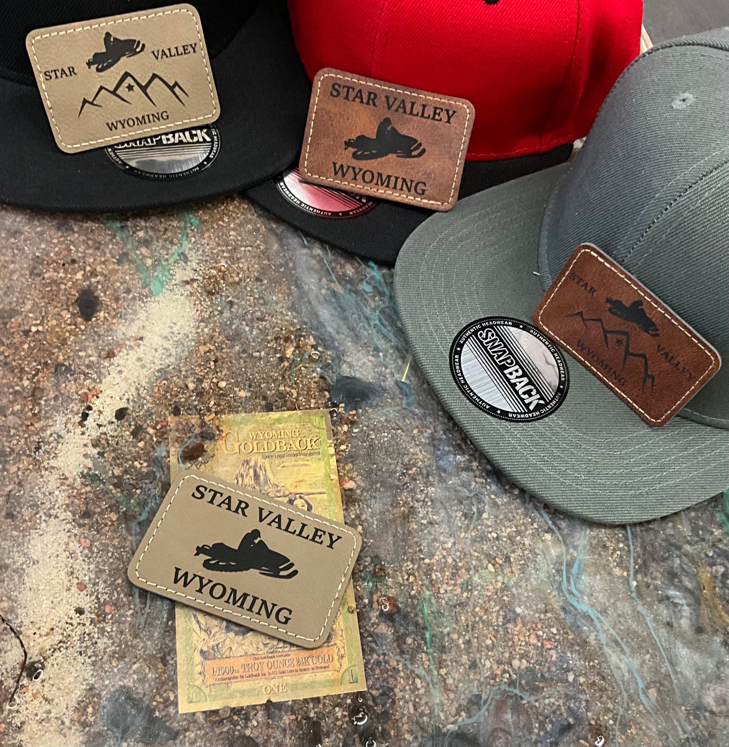 Pick a Hat Pick a Patch-Custom Leather Patch Flat Bill Solid Snap Back Trucker Hat_Snow Mobile_Sledder_Star Valley_Wyoming
