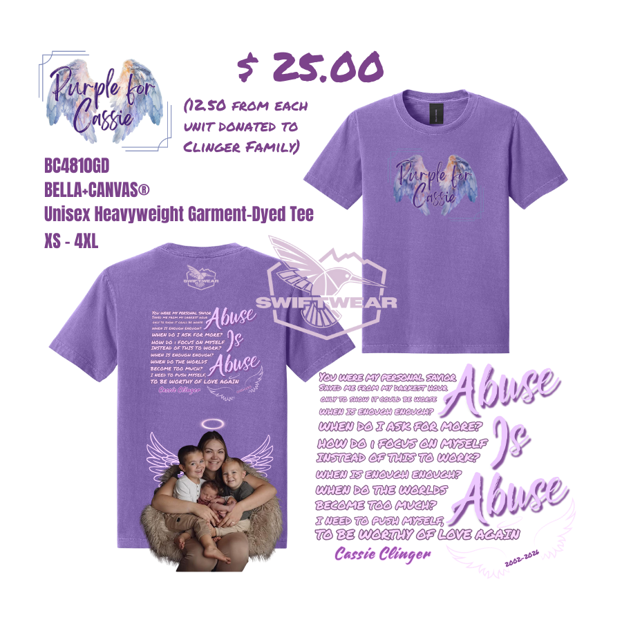 Purple For Cassie Bella Canvas Heavy Weight Garment Dyed T-Shirt Purple