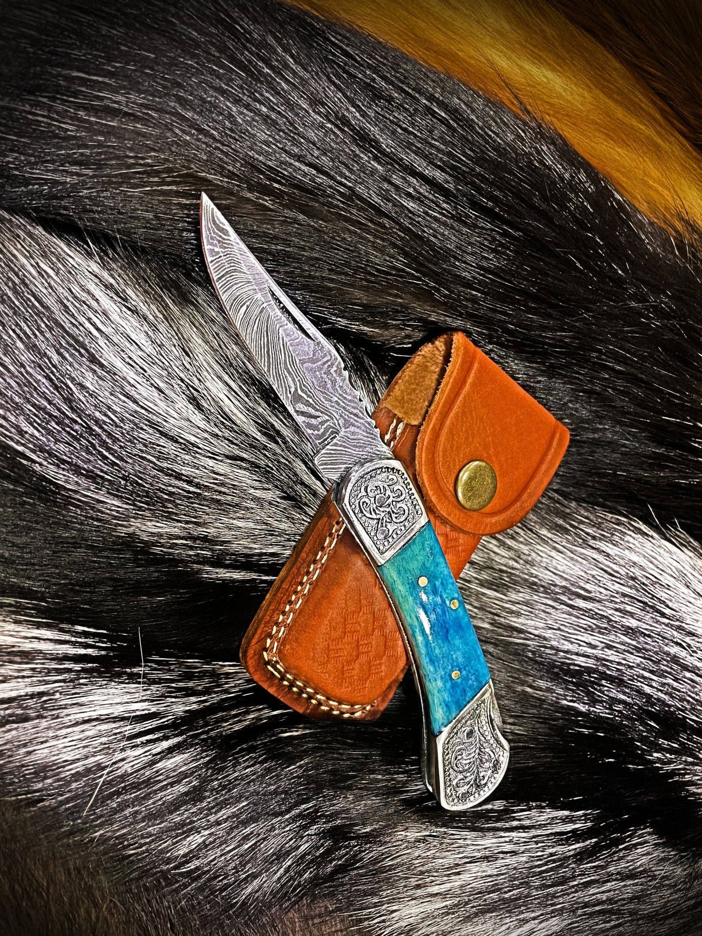 Pocket Knife Dyed Blue Bone 6.5'' Damascus Steel Knife Steel-TF-010B