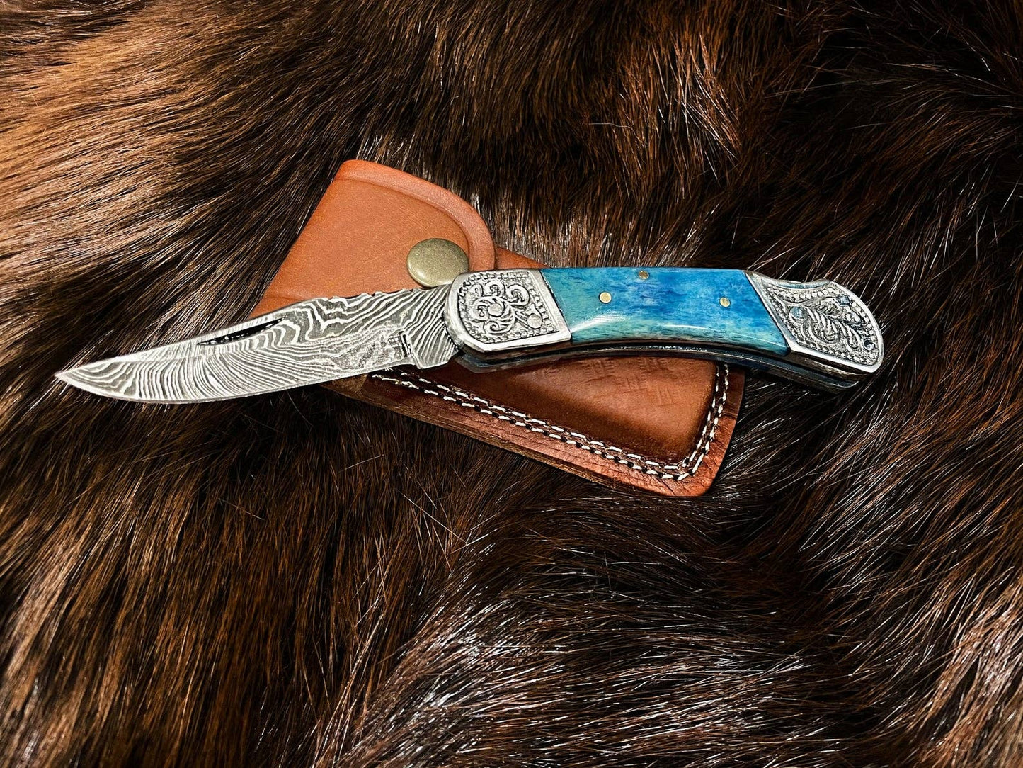 Pocket Knife Dyed Blue Bone 6.5'' Damascus Steel Knife Steel-TF-010B