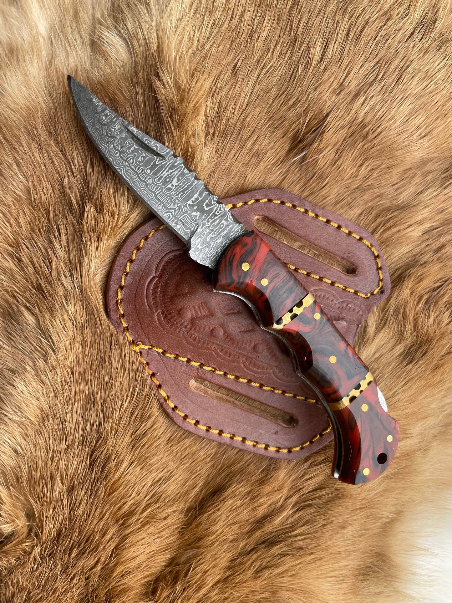POCKET KNIFE RED RESIN WOOD 6.5'' DAMASCUS STEEL KNIFE STEEL-BP-18